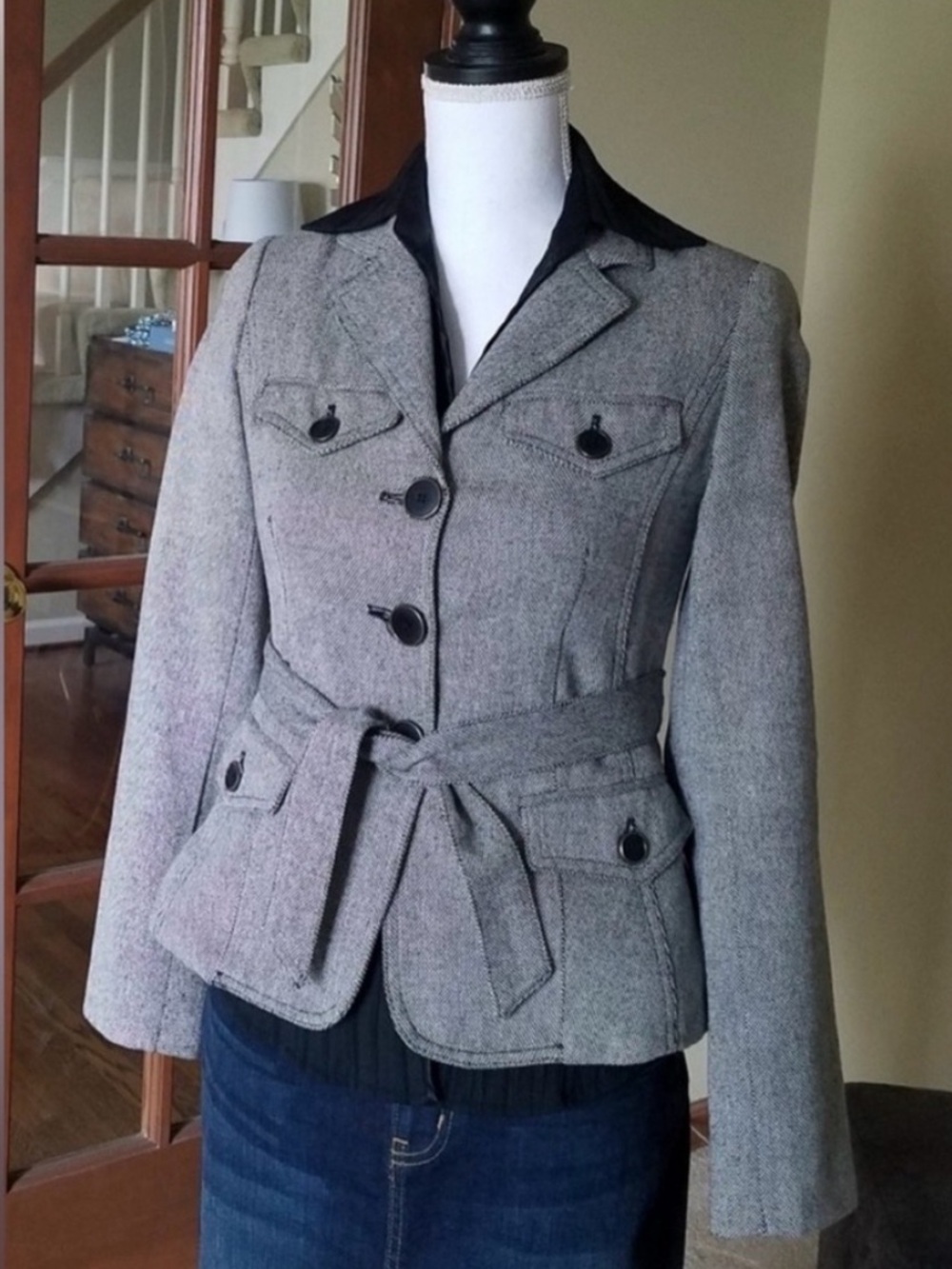 MANGO Gray Fitted Military Belted Suit Jacket with Black Buttons from Spain